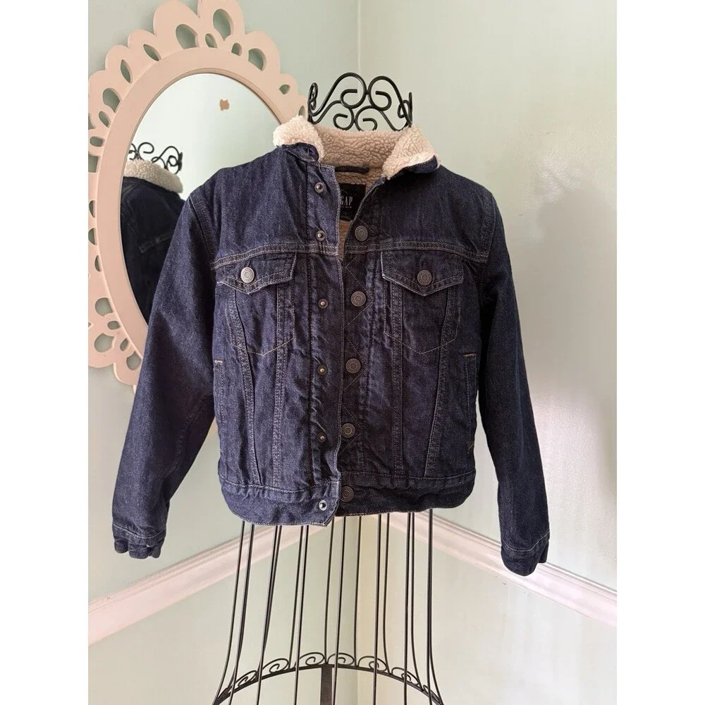 GAP KIDS SHERPA‎ LINED BLUE DENIM JACKET SIZE LARGE (10-11) DARK WASH